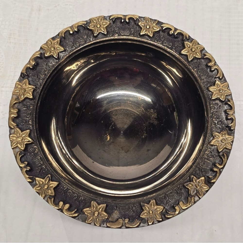 Vintage MCM Gunmetal Gold Tone Flowers Accents Bowl Dish
